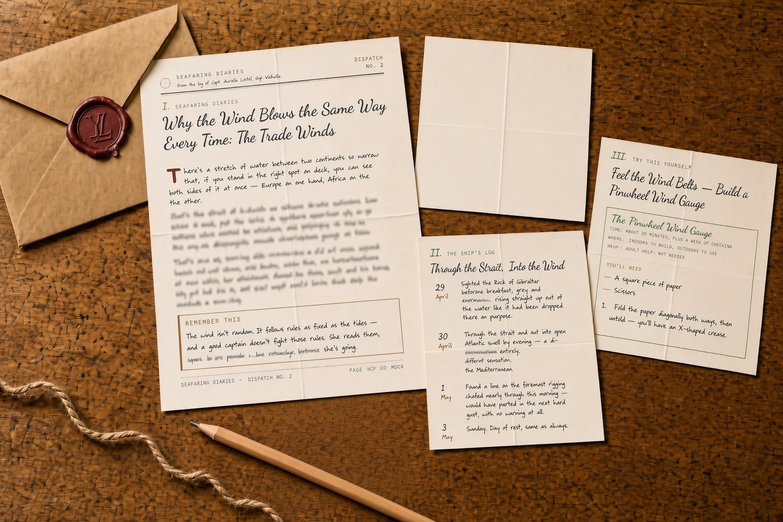 An opened Young Letters envelope on a wooden table: a Seafaring Diaries letter, ship’s log, and a home challenge, with a wax-sealed kraft envelope